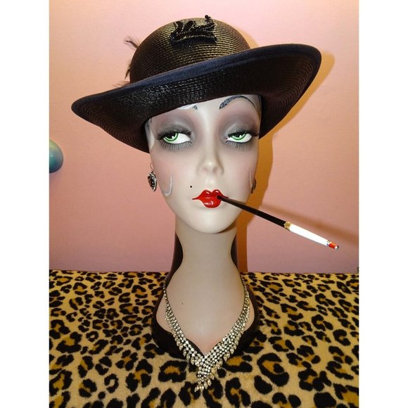 Vintage Black Church Hat with beads sequins feathers & flower goth pinup retro main image 5